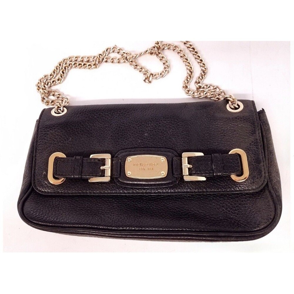 MICHAEL KORS Hamilton Black Leather Gold Chain Buckle Shoulder Flap Purse Bag